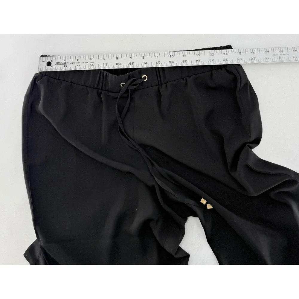 Michael Kors Black Wide Leg Drawstring Pants Gold MK Logo‎ Aglets Womens Small